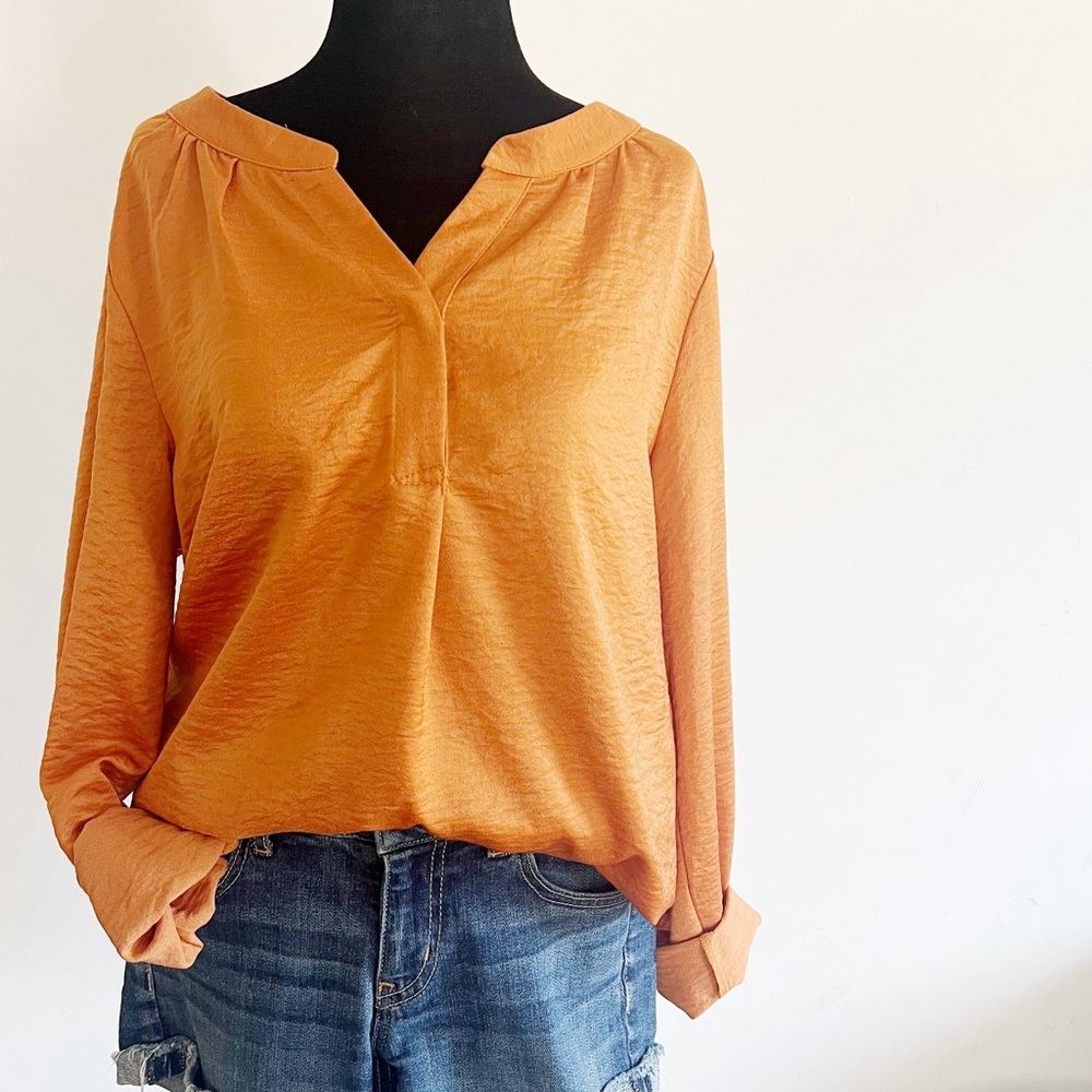 Long Sleeve Satin Smooth V-Neck Top in Rust